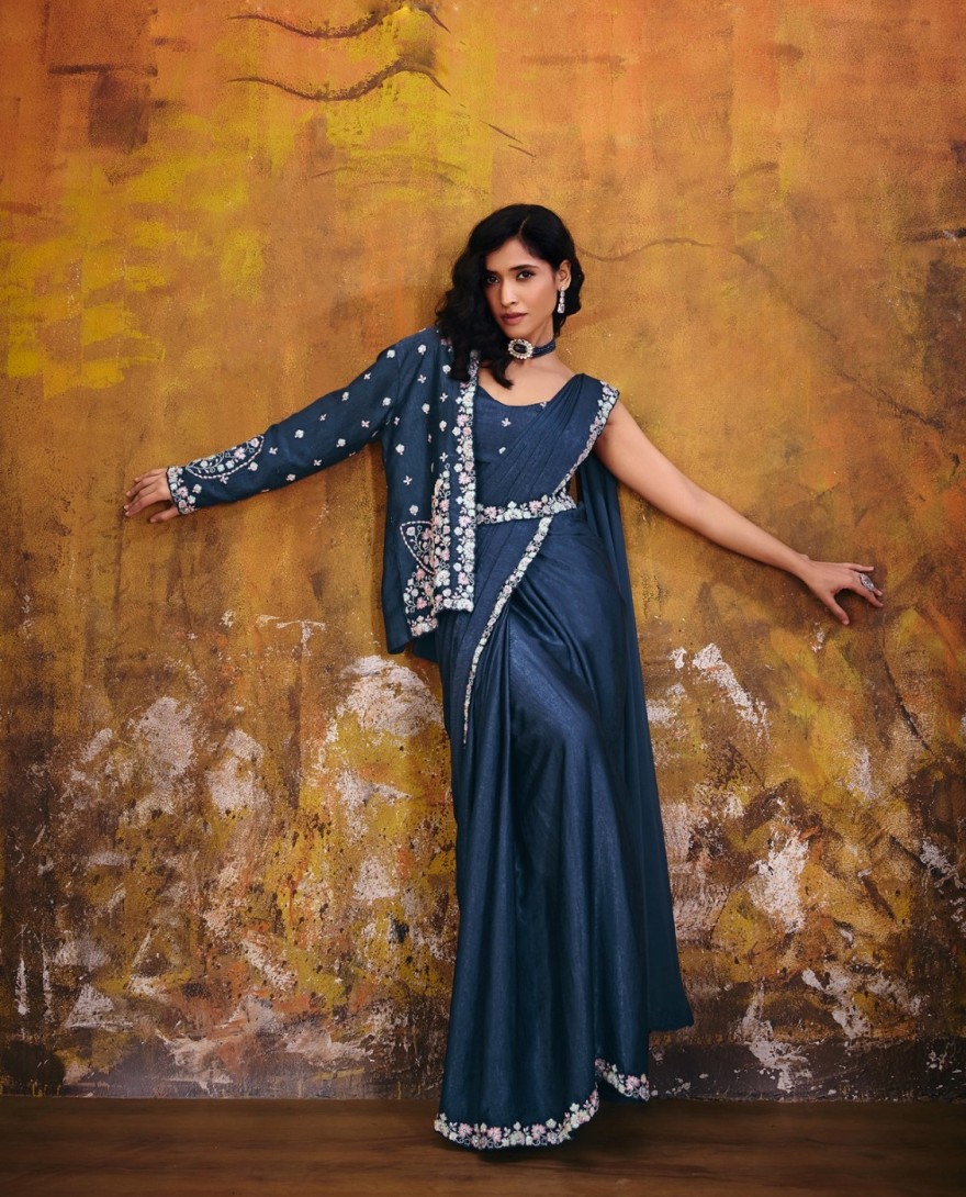 27106 - Dark Blue Embroidered Wedding Party Designer Saree